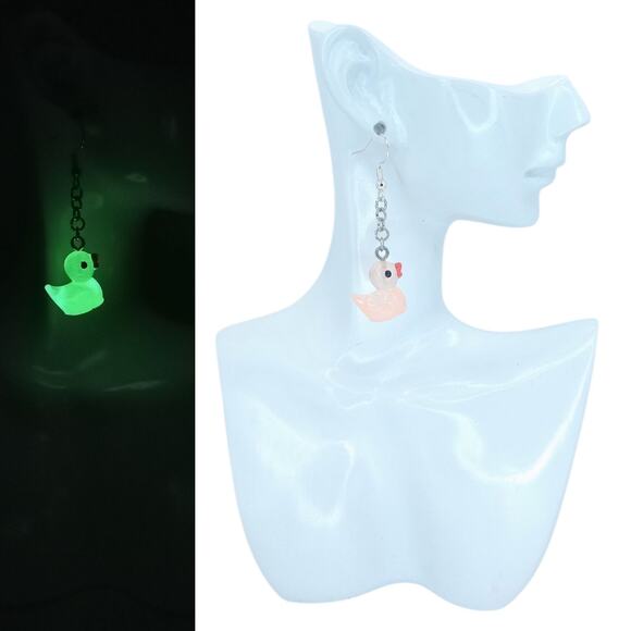 Pink Glow in the Dark Duck Earrings Rave Festival Rubber Duck Jewelry - Picture 2 of 4